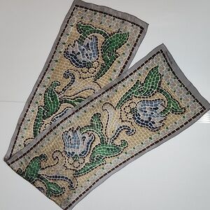 The Vera Studio silk scarf mosaic floral print blue green beige rectangular